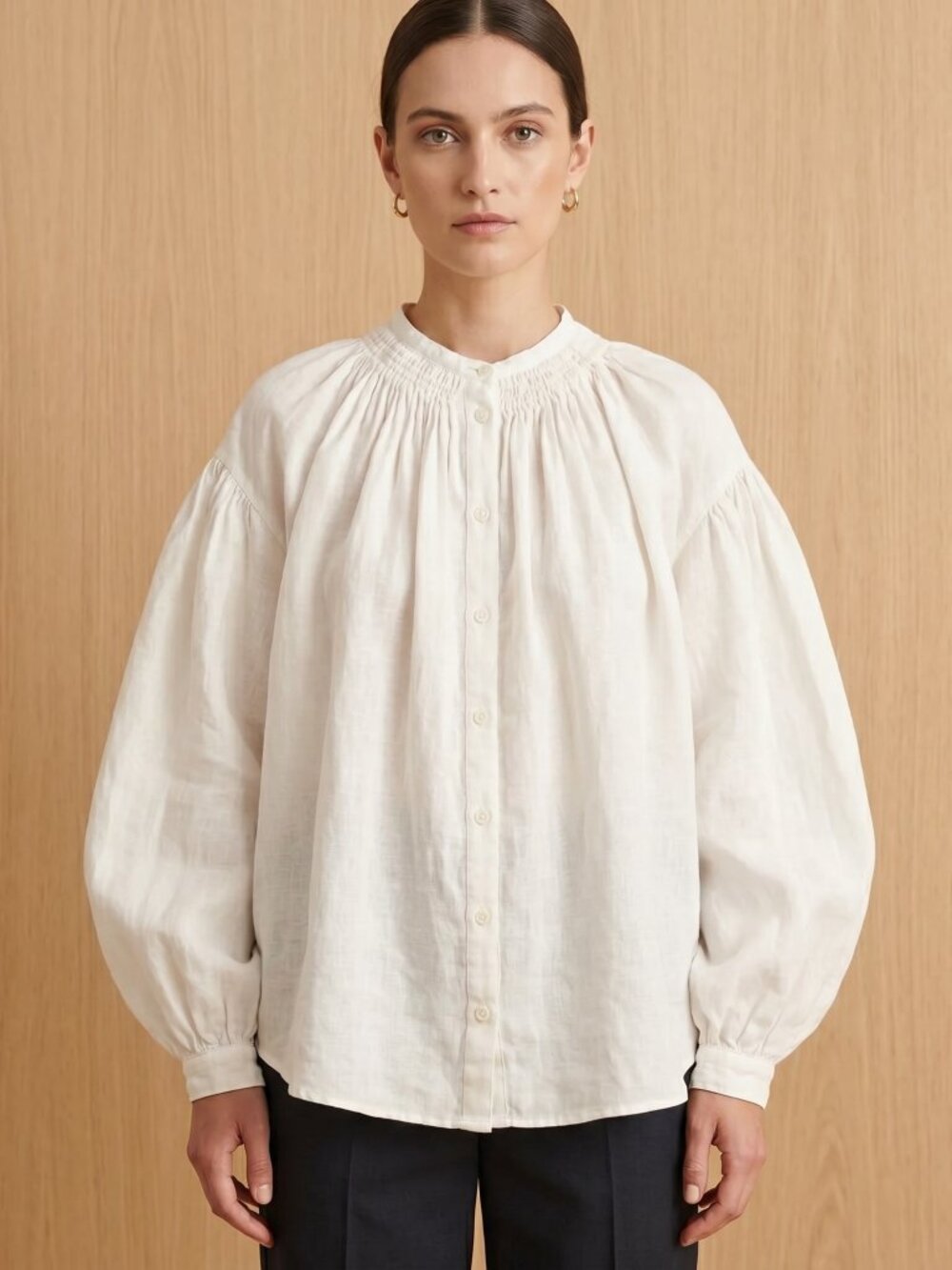 White Long-Sleeve Smocked Neck Button-Front Blouse